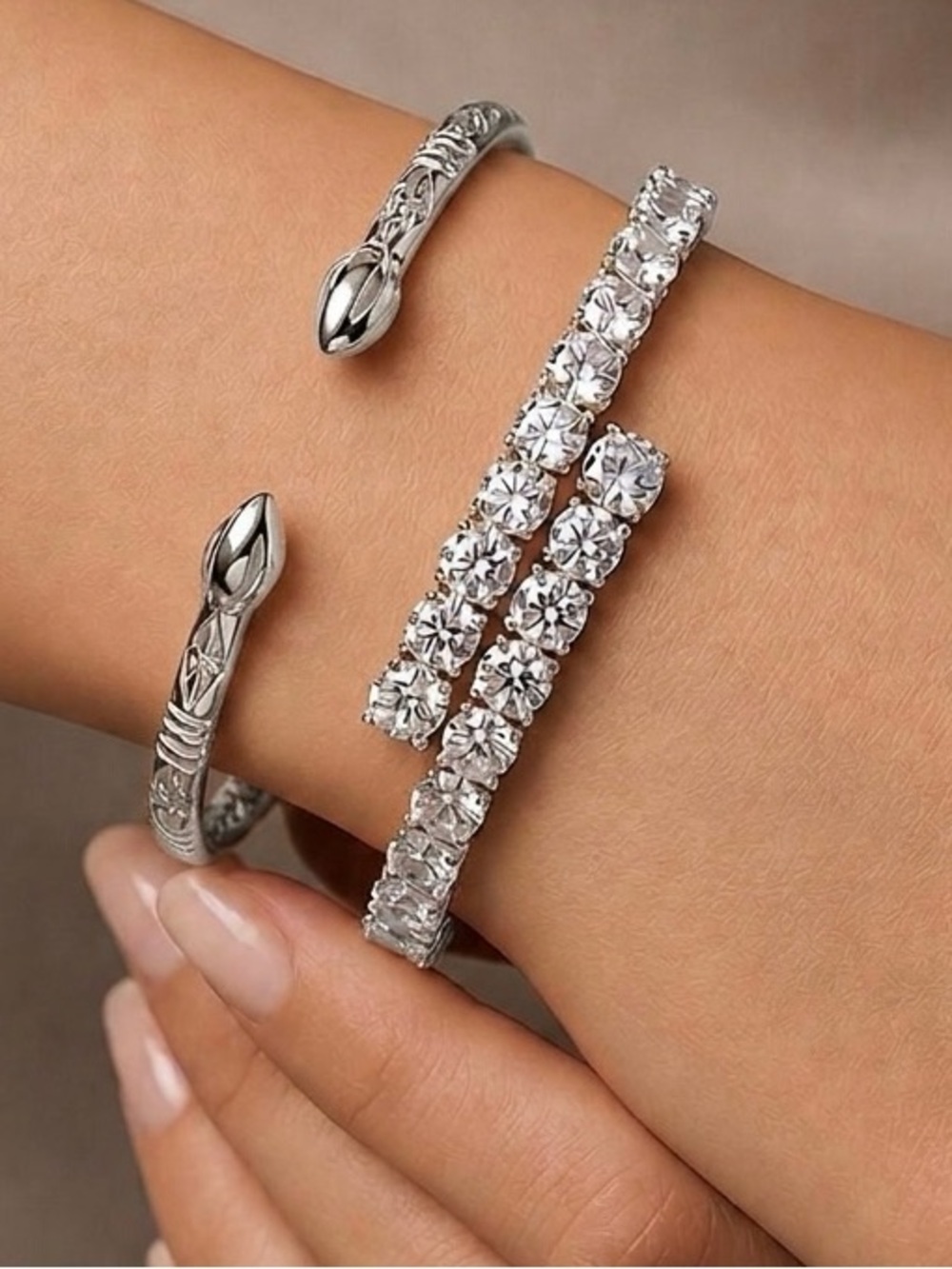 Platinum Plated Tennis Bracelet Snake Cuff Bangle Set Water Resistant Adjustable